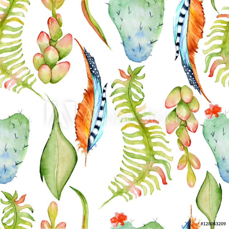 Image de Seamless pattern with ferns leaves cactus succulents drawing by watercolor hand drawn illustration